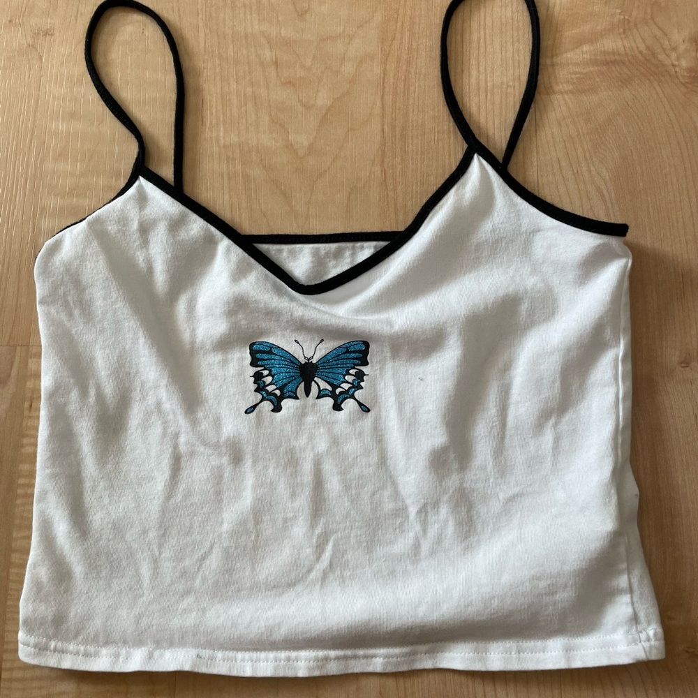 small shein tank with blue butterfly